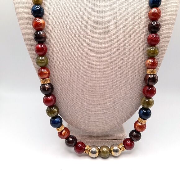 VTG Liz Claiborne Necklace Multi Color Resin Beads Gold Tone Hook Clasp, 33" - Picture 2 of 12